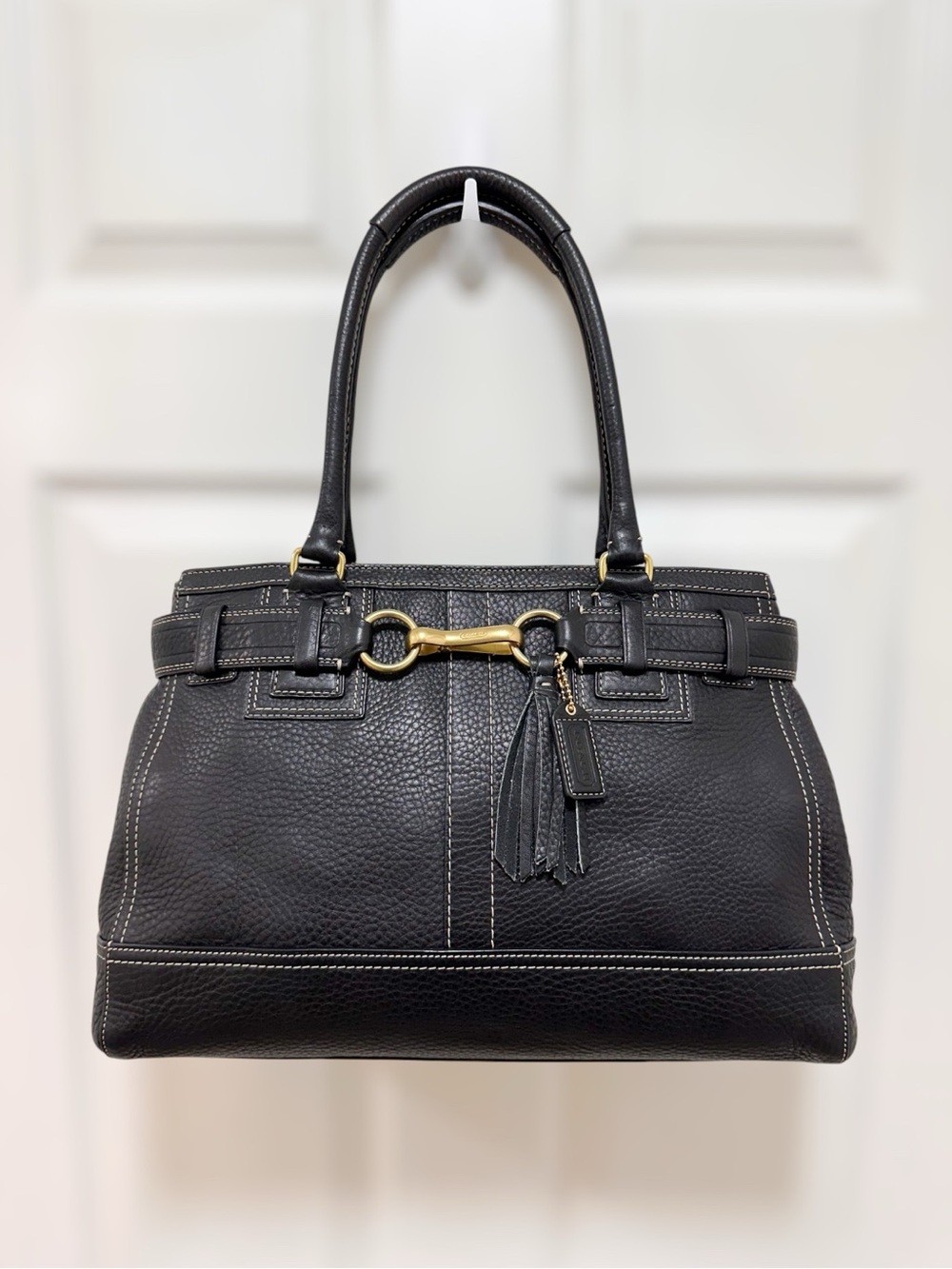Coach Hamptons Carryall Tote Bag Black Pebbled Leather Horsebit